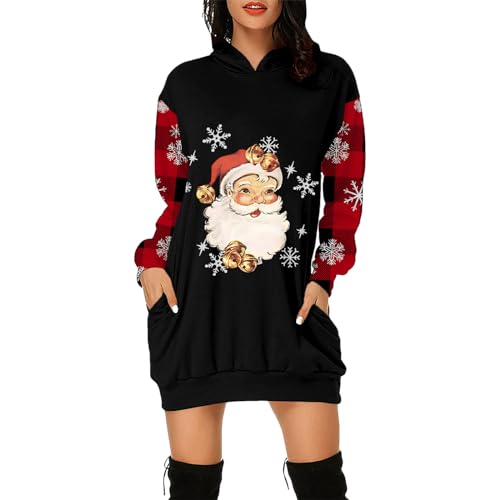 Robe pull de Noël femme sweat à capuche long rouge imprimé Père Noël festif