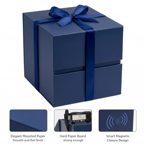 Image of LIFELUM Navy Blue Cube Gift Box 8.6 x 8.6 x 8.6 inch, 1 Pack Magnetic Closure Gift Box with Ribbon, Greeting Card, Shredded Paper Filler for Business, Graduation, Birthday Gifts