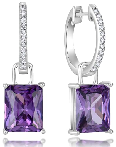 Cushion Princess Emerald Cut Hoop Earrings Women - 10x8mm Solid Sterling Silver 18K White Gold Plated Dangle Drop Leverback Birthstone Jewelry