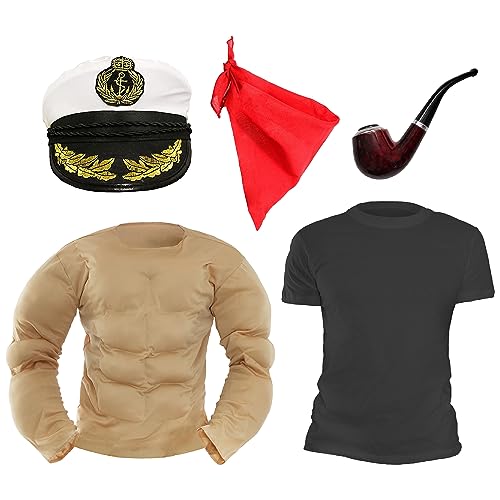 Costume d'homme marin épinard pour adultes – Taille XL – Poitrine musculaire, T-shirt noir, chapeau de marin, bandana rouge, fausse pipe – Costume de personnage de dessin animé pour adultes
