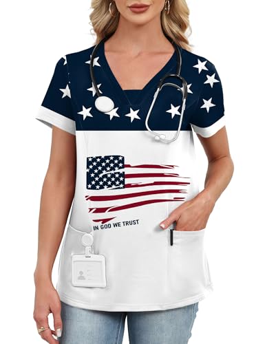 AKEWEI Holiday Scrubs for Women V Neck Patriotic Scrub Tops 4th of July Nurse Scrub Shirts American Flag M