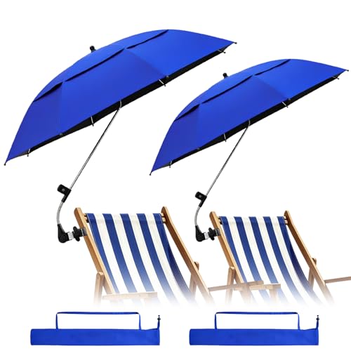WEST STORY 2 Pack 42 Inch Double Canopy Beach Chair Umbrella with Clamp UPF50+ Clip on Beach Umbrella with 360 Swiwel Arm & Adjustable Clip Portable Sun Shade for Wheelchair Stroller Camping (Dark Blue)