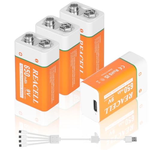 REACELL 9V Pilas Recargable 650mAh Lithium 9v bateria con 4 en 1 USB C Cable, 9 Volt Baterías para Detectores de Humo, Guitarras Eléctricas, Micrófonos, Walkie talkies y más (4 Piezas)