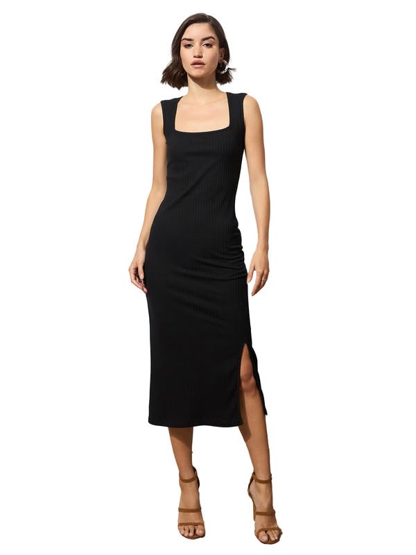 Image of barcino Black Rib Square Neck Sleeveless Midi Dress