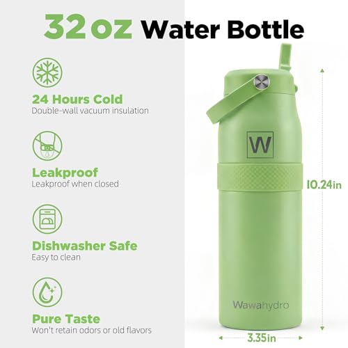 Image of 32 oz Insulated Water Bottle with Straw, Leakproof Stainless Steel Bottle with Handle, Non-Slip Silicone Sleeve, Internal Markings, Dishwasher Safe for Travel, Gym, Sports, Chartreuse