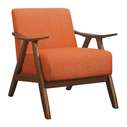 Lexicon Mid Century Modern Accent Chair with Solid Wood Frame in Walnut Finish, Upholstered Living Room Lounge Arm Chair, Thick and Comfy Innerspring Seat Cushion, Linen-Look Fabric, Orange