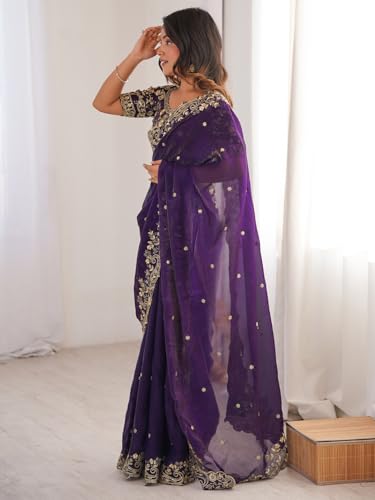 Image of AKHILAM Women's Shimmer Satin Sequence Embroidery Saree With Unstitched Blouse Piece(AARYAN21401 KR Parent)