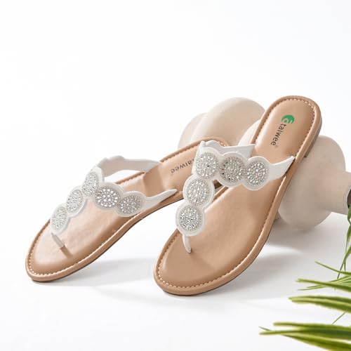 Image of Ataiwee Women's Bohemian Bling Flat Slide Sandals - Casual Summer Thong Sandals with Rhinestone Decor, Rubber Sole, Lightweight & Comfortable for Casual Attire Strappy Sandals.