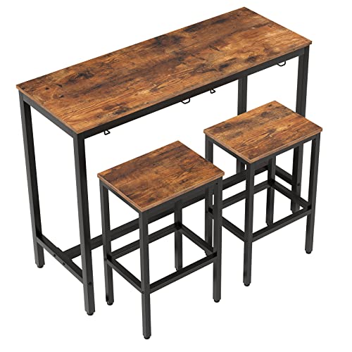 HOOBRO Bar Table Set, Bar Table with 2 Bar Stools, Hang Bar Chair Under Bar Table, 3 Piece Dining Table Set for Kitchen, Living Room, Saving Space, Sturdy Metal Frame, Rustic Brown BF54BT01 HOOBRO Bar Table Set, Bar Table with 2 Bar Stools, Hang Bar Chair Under Bar Table, 3 Piece Dining Table Set for Kitchen, Living Room, Saving Space, Sturdy Metal Frame, Rustic Brown BF54BT01