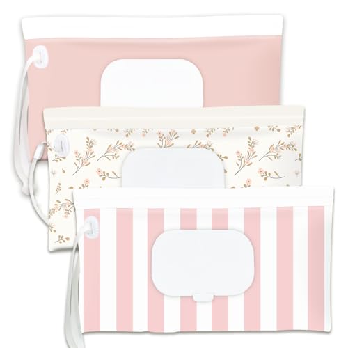 Baby Wipe Holder Wipe Dispenser 3-Pack Portable Refillable Wipe Container Reusable Travel Baby Wipes Case Waterproof and Dustproof Wipe Holder for Diaper (Pink)