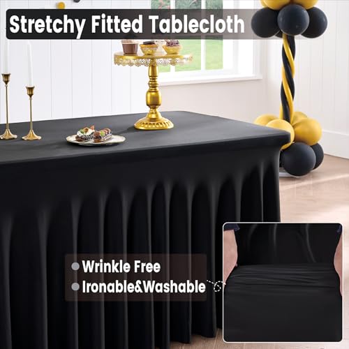 Image of Outpain Black Spandex Table Clothes for 5 Foot Rectangle Tables-2Pack 5FT Spandex Fitted Table Cover, Wrinkle Free Tablecloths with Skirt for Parties, Wedding, Birthday, Banquet, Festival