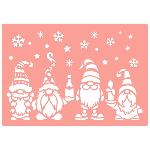 Professional Quality Reusable Stencil - High Adhesive - Christmas Gnomes #1 - PinkBloo Stencils - Made in The UK - Pink Vinyl Material for Glass, Mirrors, Bottles, Tiles, Wood