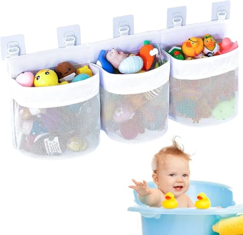 GSrenyu Bath Toys Organizer Net, Large Hanging Storage Holder with 3 Compartment...