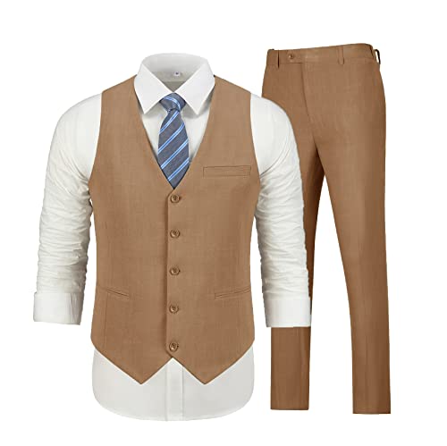 Furuyal Men Linen Beach Wedding Suits Casual Linen 2 Piece Suit Mens Summer Wedding Suits Groomsmen Tuxedos Prom Formal Outfit Vest+Pant Khaki-M #TOP4