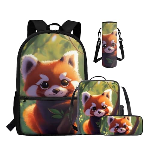 Red Panda Bookbag for Girls 5-7 with Lunch Box Lightweight School Backpack for Kids Adjustable Strap Kids School Bags for Kindergarten Preschool Casual Travel Backpacks