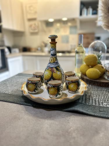 Ceramiche D'arte Parrini - Italian Ceramic Pottery Set Tray + Bottle + 6 Cups Limoncello Liqueur Shot Glasses Decorated Lemons Hand Painted Made In Italy Tuscan #TOP2