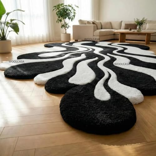 Image of Hand Tufted Wool Rug 6x8 Ft - Modern Irregular Shape Aesthetic Carpet, 1 Inch Thick Pile, Anti-Skid Backing, Soft Handmade Woolen Area Rug for Living Room, Bedroom, Hall Decor
