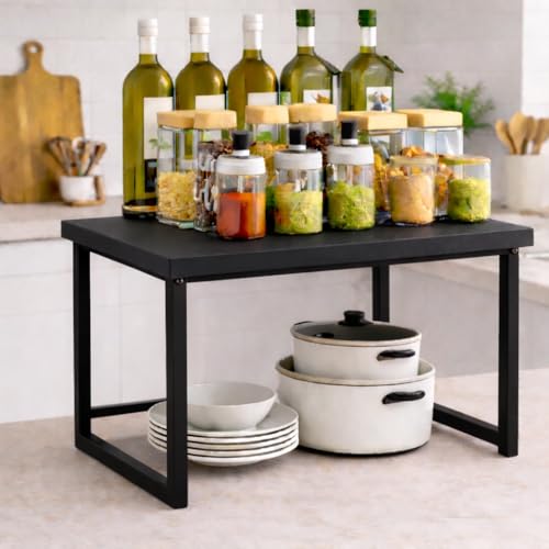 Image of MTANK Kitchen Countertop Organizer Rack for Microwave, Toaster & Jars - Sturdy Wooden & Metal Frame Stand with Storage Shelf | Large Spice Rack Storage Counter Shelf-Black Microwave Stand | (Black)