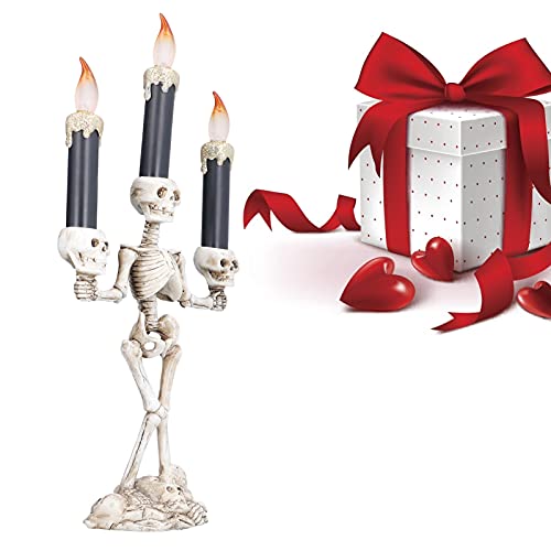 Vela Tripla de LED Skull Candle, Porta Velas Sem Chama Skeleton Luz Eletrônica de Halloween Sem Cham