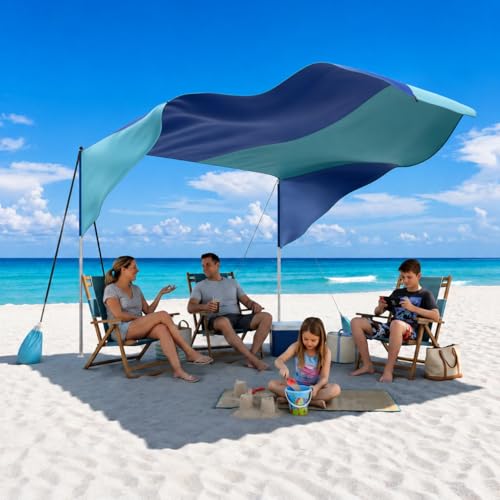 ABORON Beach Shade Canopy 100 Sq.Ft. Wind-Supported Sunshade Sail for 4-6 People Lightweight Easy Setup Beach Tent with UPF 50+ Sun Protection Sandbags & Poles for Family Beach Trips (Teal Blue)