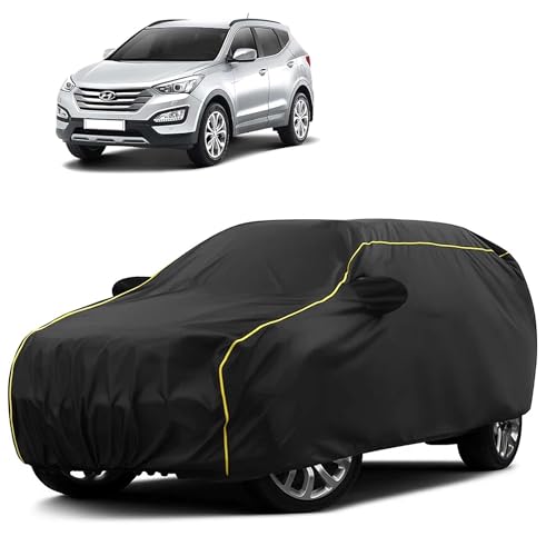 Image of Sulfar 100% Water Resistant Car Body Cover Compatible with Mirror for Hyundai Santafe (Triple Stitched, Full Bottom Elastic, Black Taffeta with Yellow Piping)