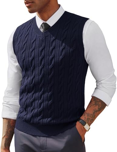 PJ PAUL JONES Men's Sweater Vests V Neck Cable Twist Knit Sleevel...
