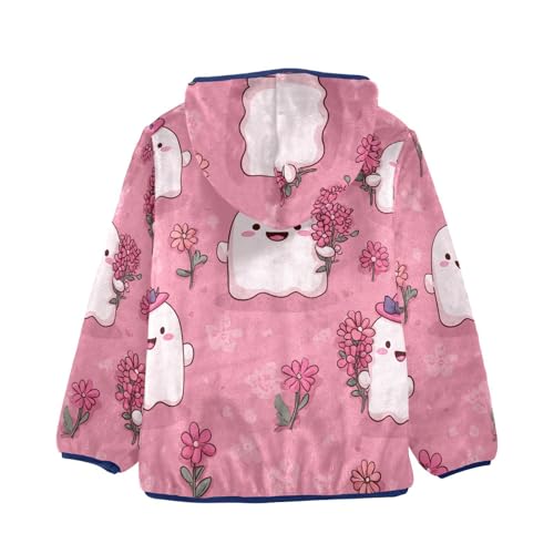 Cute Ghosts with Pink Flowers Toddler Fleece Jacket Girl Boys Hooded Fleece Jacket Coat Warm Outwear Zip-up 3-10T2