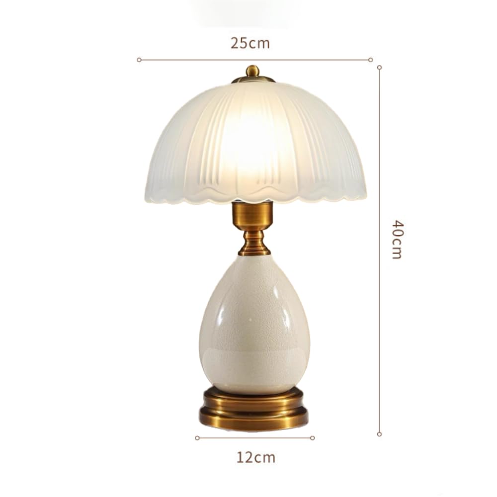 XINYASEE Vintage-Keramik-Tischlampe, weiße Craquelé-Glasur mit Messingfuß, mattierter Glas-Pilzschirm, elegante Nachttischlampe für Schlafzimmer, Wohnzimmer, Büro, Landhausdekor (Weiß)