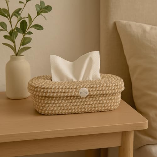 Image of BOBBINY Jute Cotton Tissue Box Holder, Handcrafted Tissue Container for 100 Pulls Natural Tissue Holder for Office Living Bedroom Car Desk Dining Table Home Decor (Brown Mix) (Design 3)
