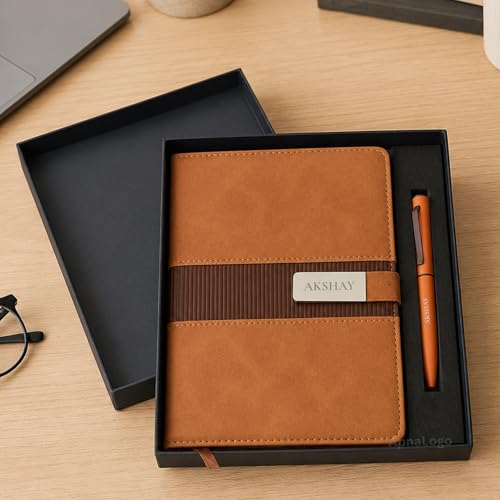 Image of Customised Name Diary and Pen Set with Gift Box | Personalised Gift for Men, Women | Corporate Gift For Employees, Clients, Friends | Premium Leatherette Tan Diary,Pen Set