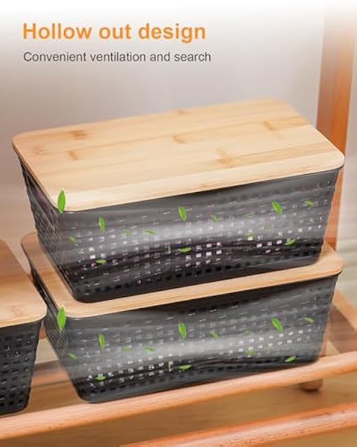 Storage Bins with Lids 6 Packs, Plastic Storage Bins with Bamboo Lids for Pantry Organization and Storage Containers for Shelves Drawers Desktop Closet Playroom Classroom Office Home, Black