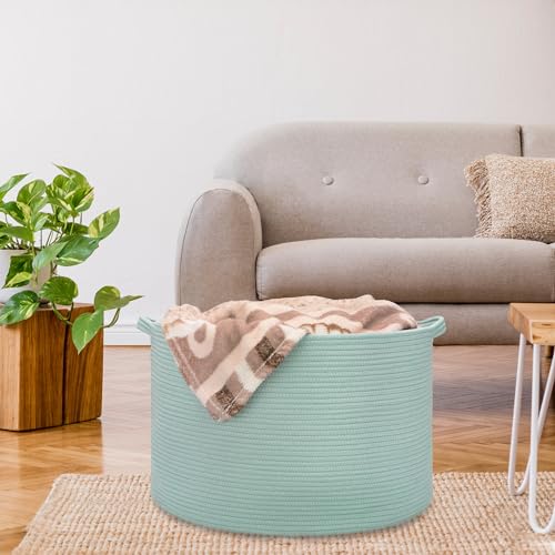 Image of Large Cotton Rope Blanket Basket, 87L Laundry Hamper, Light Green