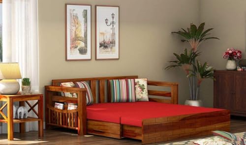 Image of Solid Sheesham Wood Sofa Cum Bed with Storage Side Pocket- 3 Seater Wooden Sofa Bed for Living Room | Convertible Diwan Bed with Cushions | Modern Space Saving Furniture (Red)