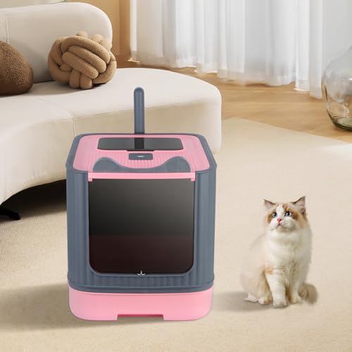 Cassettiera per lettiera chiusa per gatti, casa da toilette, vassoio rimovibile, pala, per gatti grandi, capacità di carico 15 kg, a prova di perdite, 44,5 x 36,5 x 34,5 cm, rosa