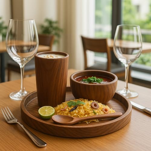 Image of Wooden thali, Sheesham Wood Serving Plate, 25.4 cm Round, Natural Brown, Chemical-Free (Wooden thali 2)
