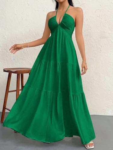 Image of Narecte Women's Maxi Summer Dresses Halter V Neck Beach Dresses for Women A-Line Casual Dress for Vacation
