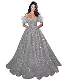 Feather Sequin Prom Dresses 2025 Plus Size Ball Gown Sparkly Off Shoulder Quinceanera Dresses for Women Formal Size 18, Silver