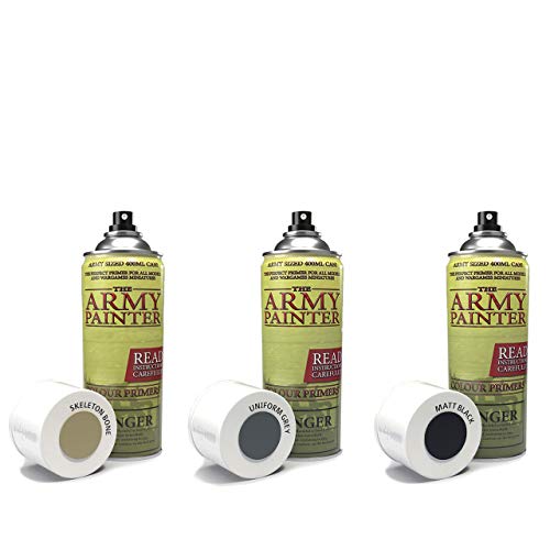 The Army Painter Miniature Primer Bundle Set of 3: Matt Black Primer, Skeleton Bone Primer, Uniform Grey Primer - Acrylic Spray Primer for Plastic Miniatures Undercoat - 13.5 oz each