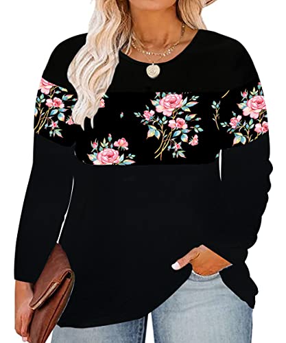 Image of CARCOS Plus Size Tops for Women Color Block Flower /Striped /Camo Crew Neck Long Sleeve Tee Shirt