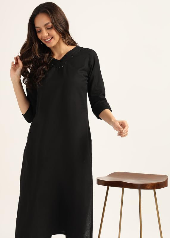 Image of BLOCKS OF INDIA Women's Solid Straight Kurta Set | Hand-Stitched Neck Details with Pintucks | Comfortable Pants with Pockets, Elastic Waist & Drawstring Fit
