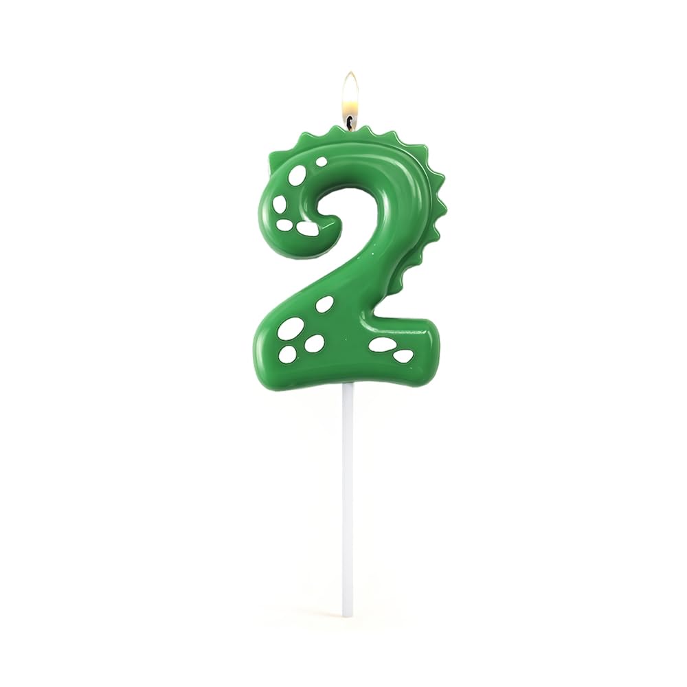Dinosaur Number 2 Candle for 2nd Birthday Decorations Boy,QIANSSE Dino Party Supplies Number Candles Cake Topper for Green Theme