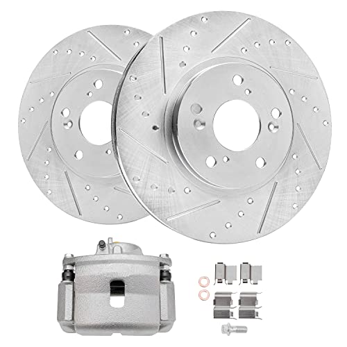 Image of Detroit Axle - Front Brake Kit for 1999-2004 Honda Odyssey 2001-2002 MDX | Drilled & Slotted Brake Rotors Disc Brakes Caliper w /Bracket Replacement