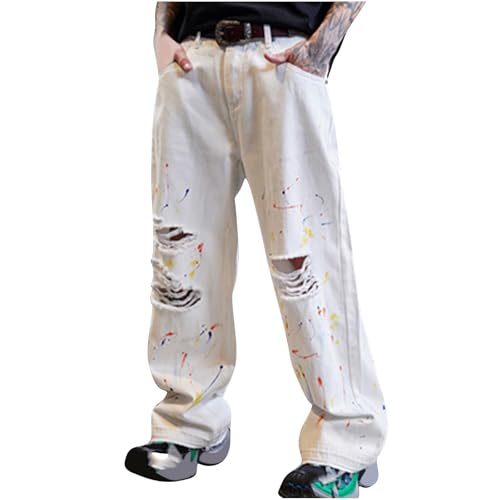 Cambkatl Men's Streetwear Graffiti Ripped Jeans Loose Casual Joggers Hiking Cargo Pants Denim Trousers with Pockets