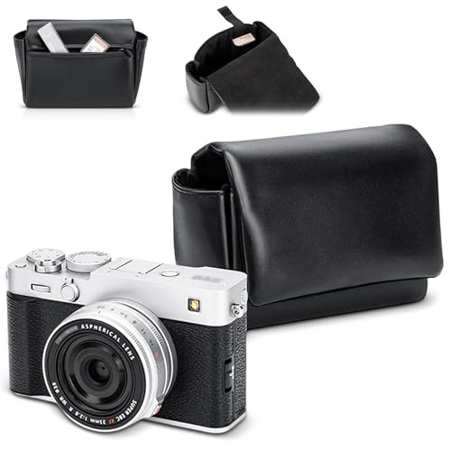 Leather XE5 Case Compact Durable Camera Pouch for Fuji Fujifilm X-E5 XE5 X100VI X100V for Canon PowerShot V1 Carrying Protective Case Accessories Magnetic Closure Not Affect Use Neck Strap - Black