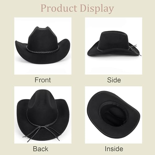 Image of Classic-Western-Cowboy-Hat Upturn-Brim Felt-Cowgirl-Hat Rodeo-Hats with Belt for Women Men (Fit for 22.4-23.2 inch)