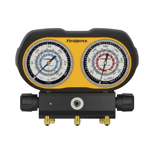 Fieldpiece GS322F 3-Port Analog Gauge Set HVACR Refrigerant Manifold with Sight Glass Swappable Hose Holders & High-Grip Knobs Reliable Field Diagnostics