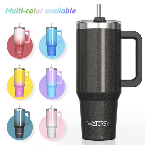 WATERSY Doppelwandiger 40oz Kaffeebecher to Go Thermobecher Edelstahl Vakuum Auslaufsicher Trinkbecher mit Griff und Strohhalm Thermo Tumbler Schwarz Glänzend 4