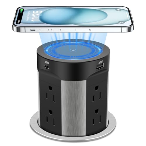 Regleta emergente para encimera, PD45W 4 USB/8 tomas/cargador inalámbrico