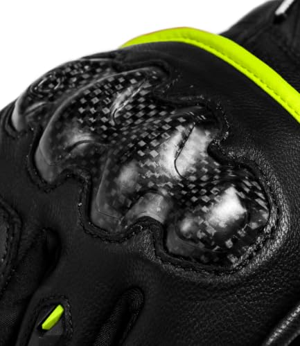 Image of Rynox Tornado Pro 5 Gloves | Semi-Gauntlet Motorcycle Riding Gloves with Carbon Fiber Protectors, Fast-R Palm Sliders | D3O Impact Foam and Touchscreen Compatibility - Black Hi Viz Green, Small