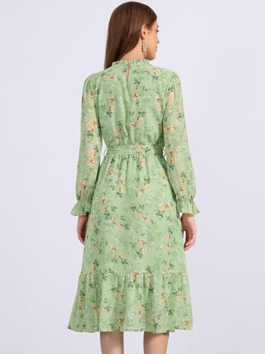 Image of Allegra K Fall Casual Floral Dress for Women 2025 Long Sleeve Crew Neck Chiffon Midi Tea Party Ruffle Dresses